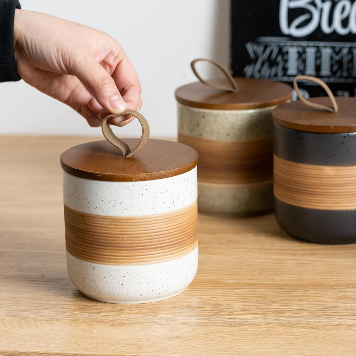 Ceramic Jar with Lid, Coffee Container Kitchen Food Storage Jars for Spice Sugar Tea Bag, Stackable Decorative Jars for Countertop, White & 18oz