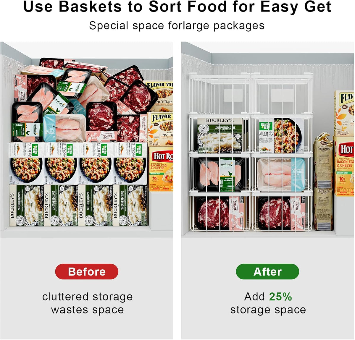 Freezer Storage Organize Baskets - 6 Pack Stackable Deep Freezer Organizer Bins for Most 7 Cu.FT Chest Freezer with Handles, Sturdy but Light, Metal Coated, Add Space, Easy to Reach
