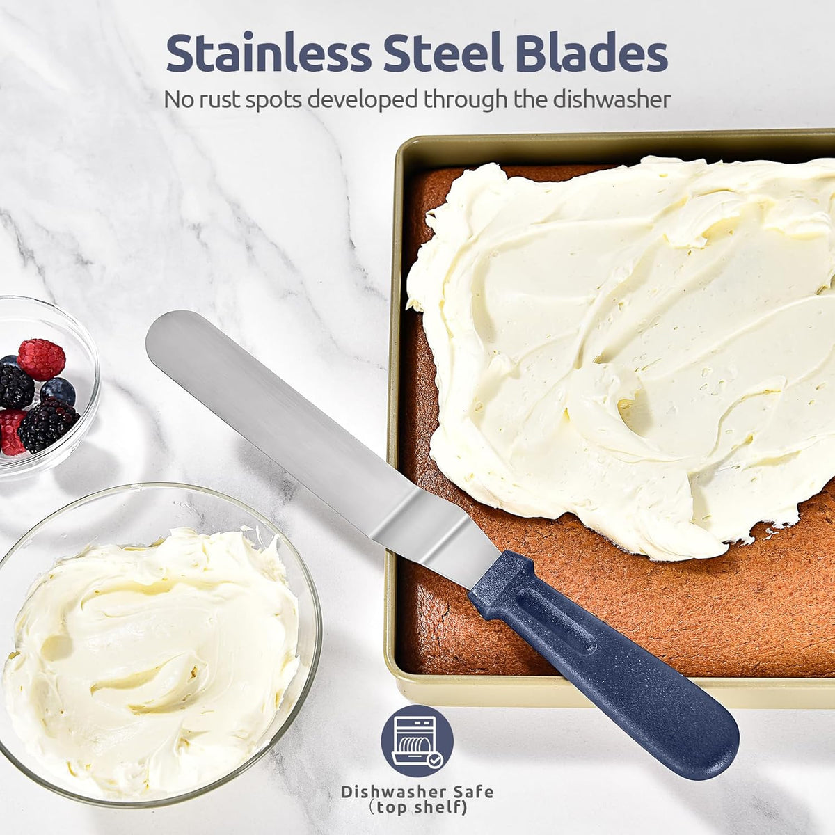 U-Taste Offset Spatula for Cake: Angled Icing Spatula Set with Wide 6", 8", 10" Blade, Flexible Stainless Steel Pastry Decorating Frosting Metal Baking Spreader for Cupcake (Set of 3, Midnight Blue)