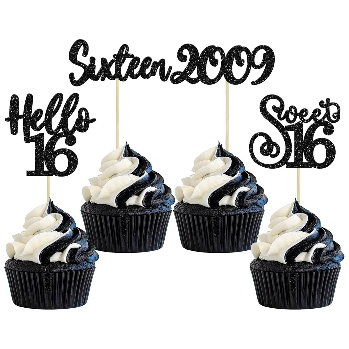 Gyufise 24Pcs Happy 16th Birthday Cupcake Toppers Glitter Hello 16 Sweet 16 Cupcake Picks 2009 Sixteen Old Birthday Cake Decorations for 16th Birthday Anniversary Party Supplies Black