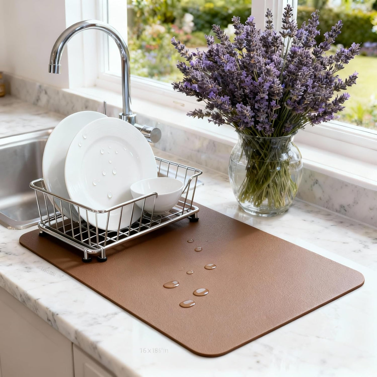 Dish Drying Mat Super Absorbent – 24" x 16" Coffee Mat for Countertops – Non-Slip Drying Mat for Kitchen Counter – Easy to Clean Water Absorbent Mat – Large Dish Drying Mats (Brown)