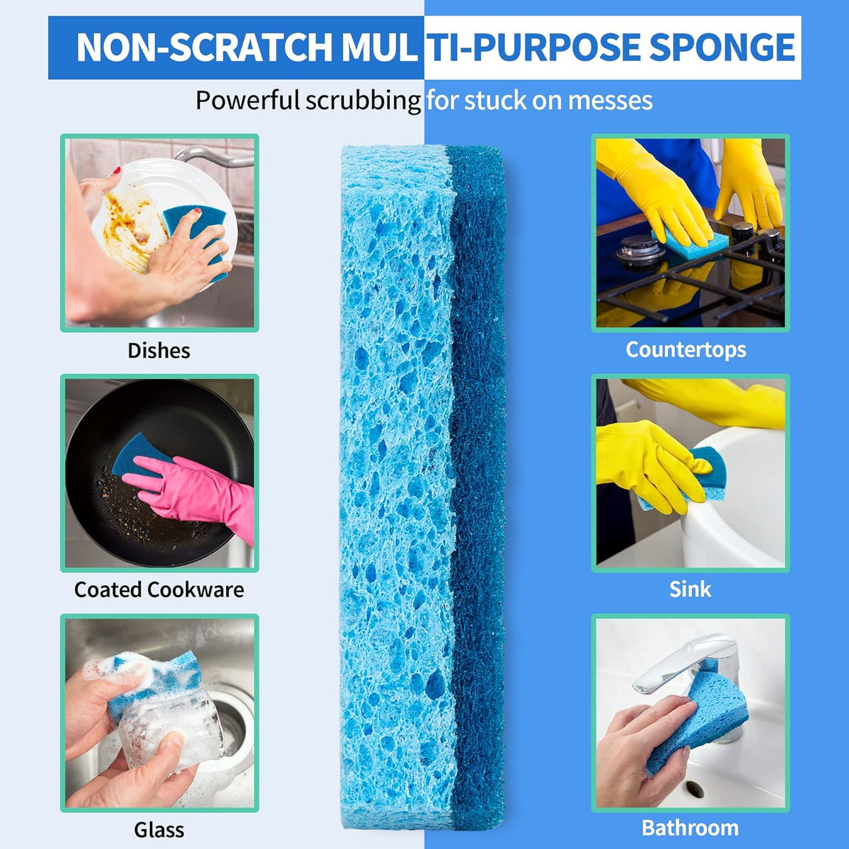 HOMERHYME Non-Scratch Cellulose Scrub Sponges 12 Pack, Sponges Kitchen with Double-Side & Ergonomic Design for Dishes, Coated Cookware, Sink & Countertops.