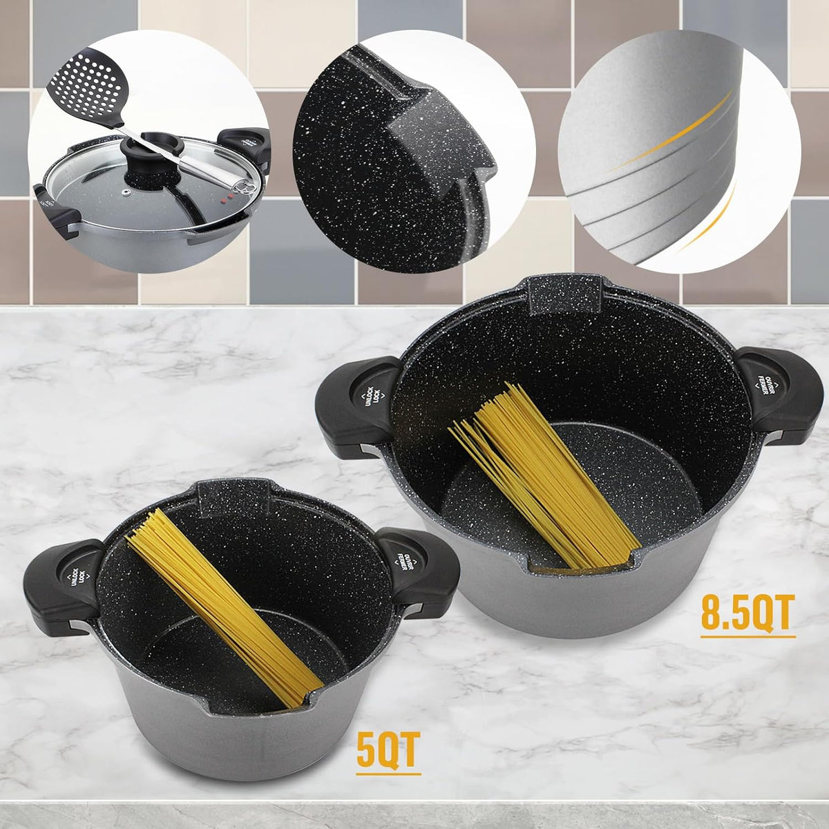 5QT Pasta Pot with Strainer Lid, 9.5'' Cast Aluminum Nonstick Multipurpose Stock Pot Spaghetti, Self-Draining Cooking Pot with Insulated Handles for Soup, and Boiling