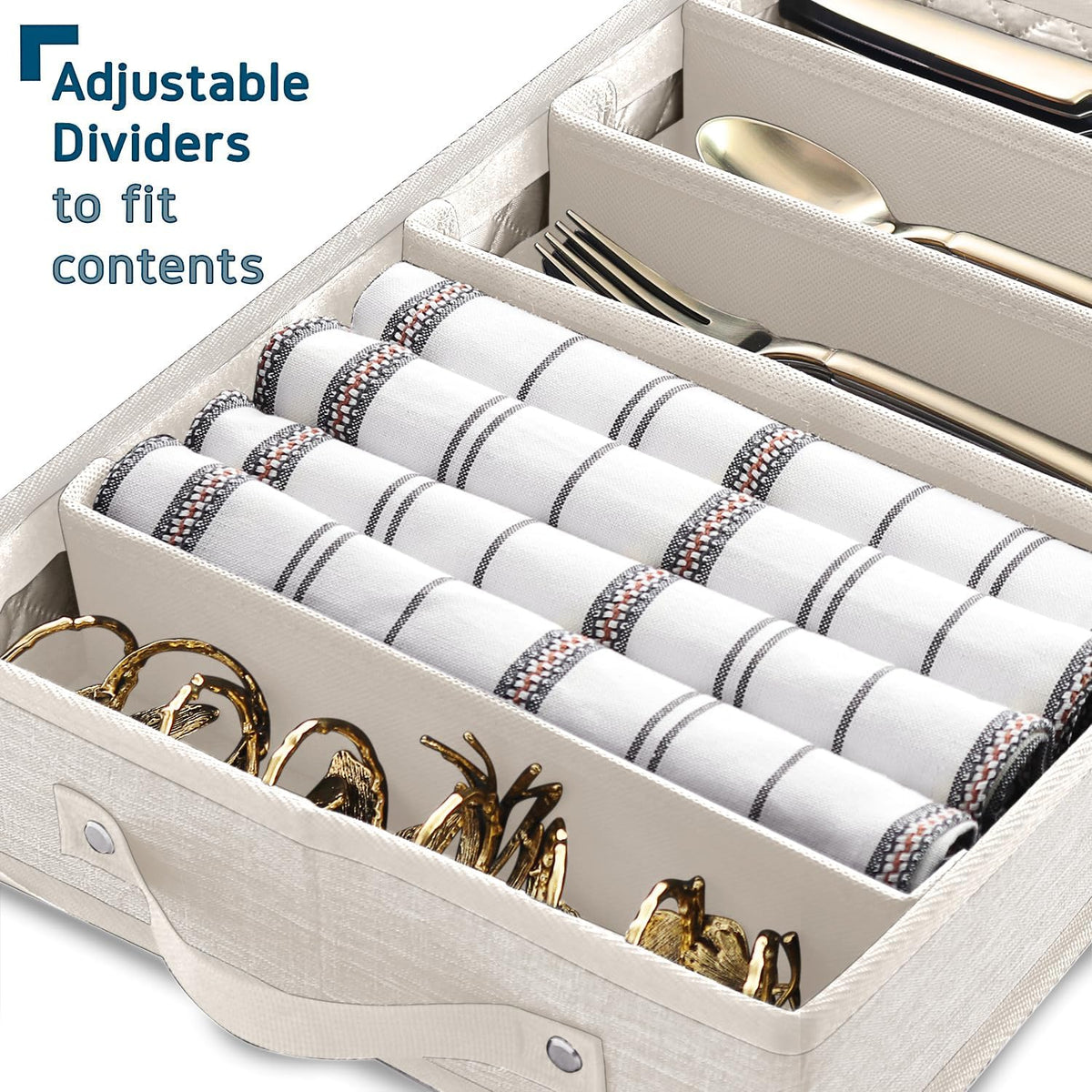 Flatware & Utensil Storage, Durable Silverware Storage Box with Padded Dividers, 5 Compartment Flatware Storage Case, Silverware Case with Handles, Protects and Organizes Cutlery, Cream