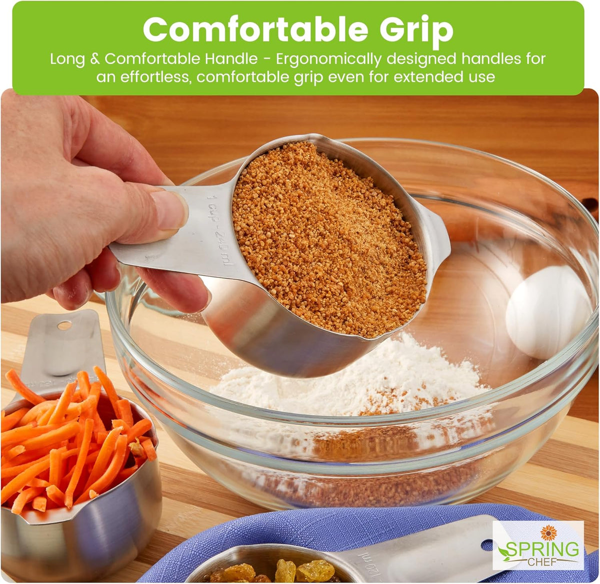 Spring Chef Stainless Steel Measuring Cups Set of 7 with Pour Spout - Nesting Kitchen Tools with Easy Read Markings to Measure Dry or Liquid Ingredients - Metal Measuring Cups for Baking & Cooking