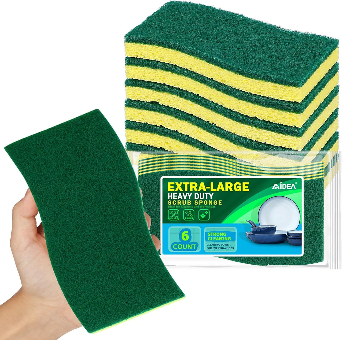AIDEA XL Scrub Sponges 6Count, Heavy Duty Sponges for Dishes, Extra Large Sponge for Cleaning Kitchen and Household, Heavy Duty Sponge Safe for Non-Coated Cookware, Cleaning Power for Bathroom, House