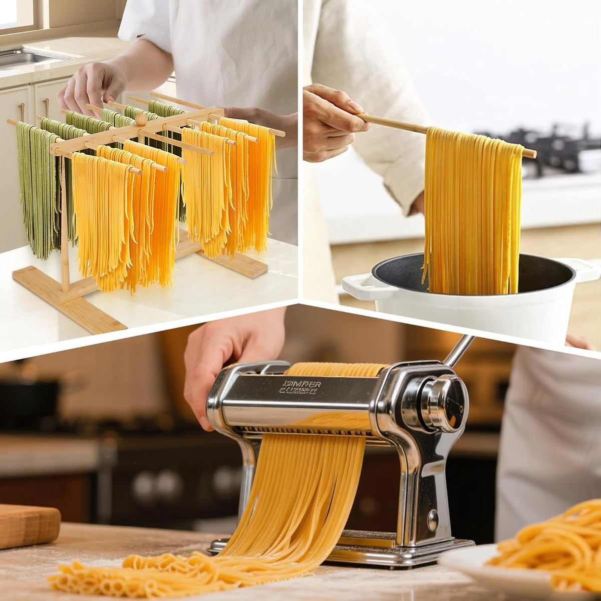 CycForge Bamboo Pasta Drying Rack with 14 Rods & Transfer Wand - Large Capacity Collapsible Stand for Fresh Homemade Spaghetti, Foldable Space Saving Storage