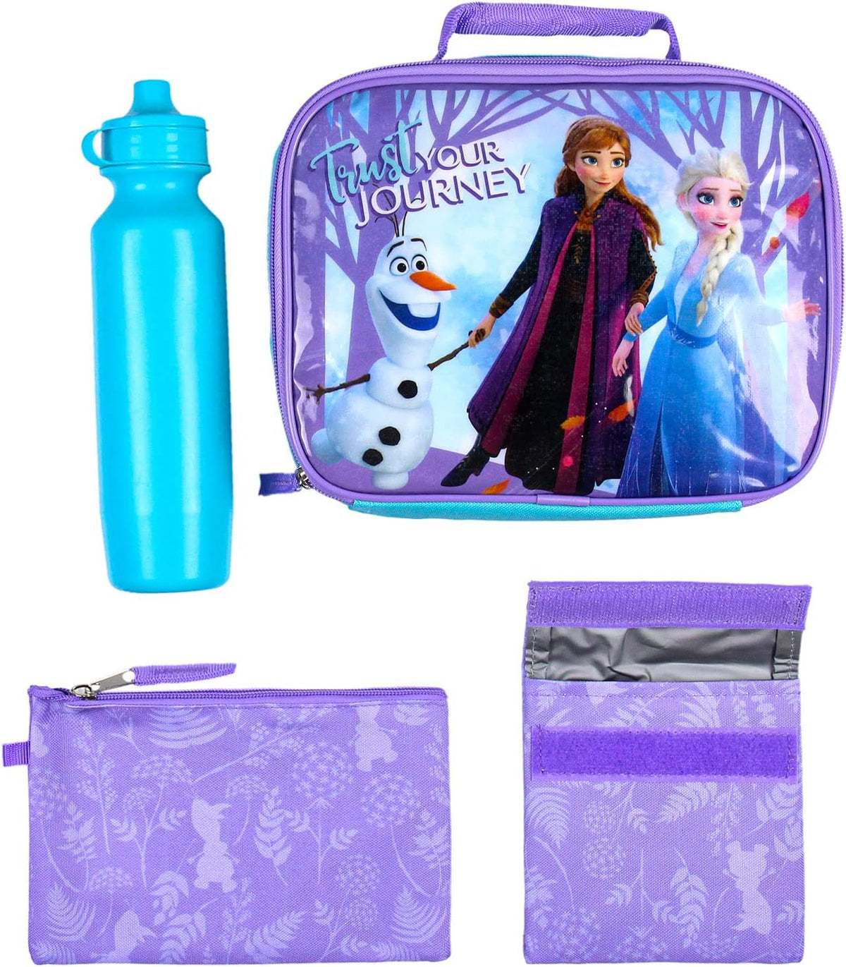 Bioworld Disney Frozen Anna Elsa Olaf Trust Your Journey 5 PC Backpack Set Tote Bag