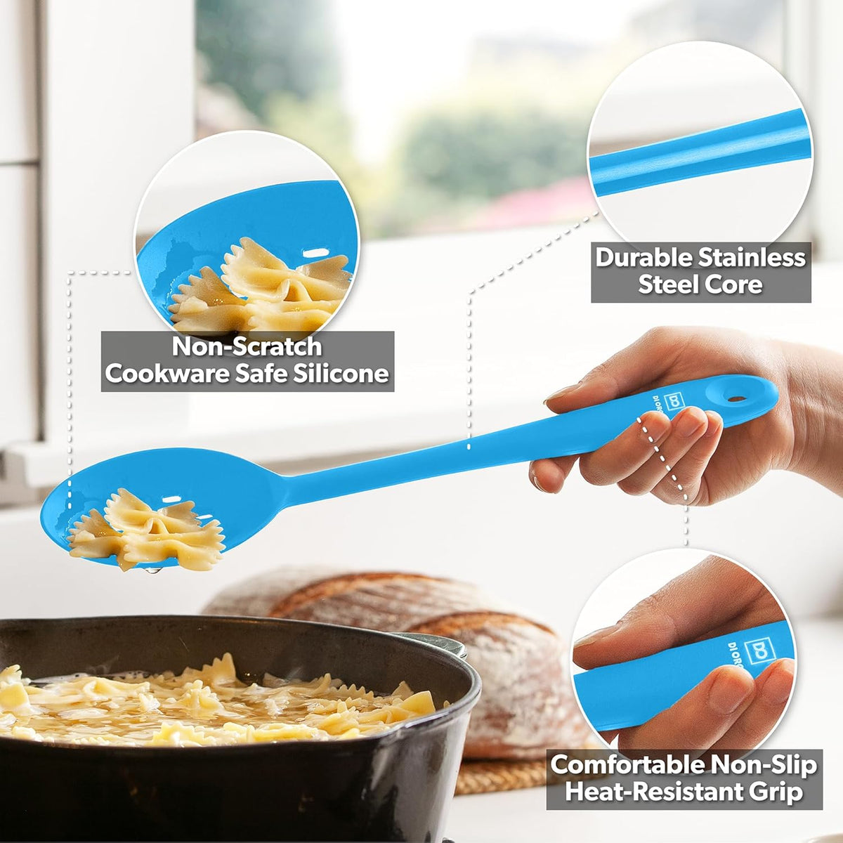 DI ORO Silicone Mixing & Serving Spoons - Large Heat-Resistant Non Stick Utensils Big Solid & Slotted Basting Spoons - Dishwasher Safe (2pc, Blue)