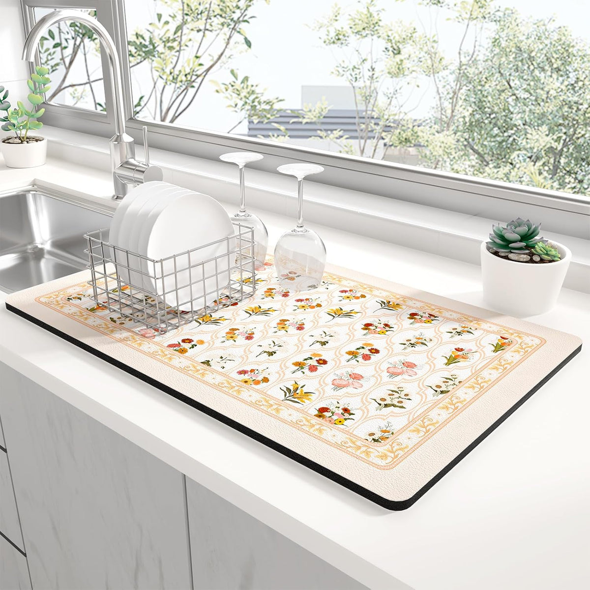Rnivvi Dish Drying Mat for Kitchen Counter, XL 15 x 24" Cute Flower Theme Absorbent Draining Pad, Non-Slip Heat Resistant Coffee Bar Mat for Coffee Machine Station Accessories, Beige Dish Rack Pad