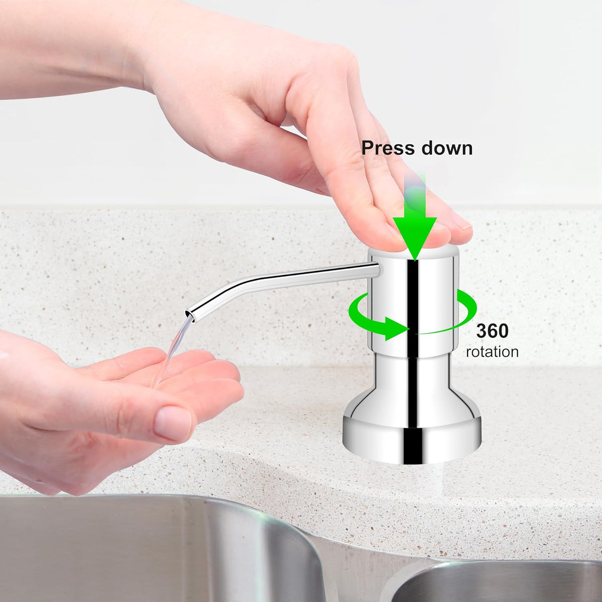 Soap Dispenser for Kitchen Sink, Sink Soap Dispenser with Longer Threaded Shaft Shank, 47" Extension Tube Connects Directly to Dish Soap Container, Wider Pump Head Base（Chrome）