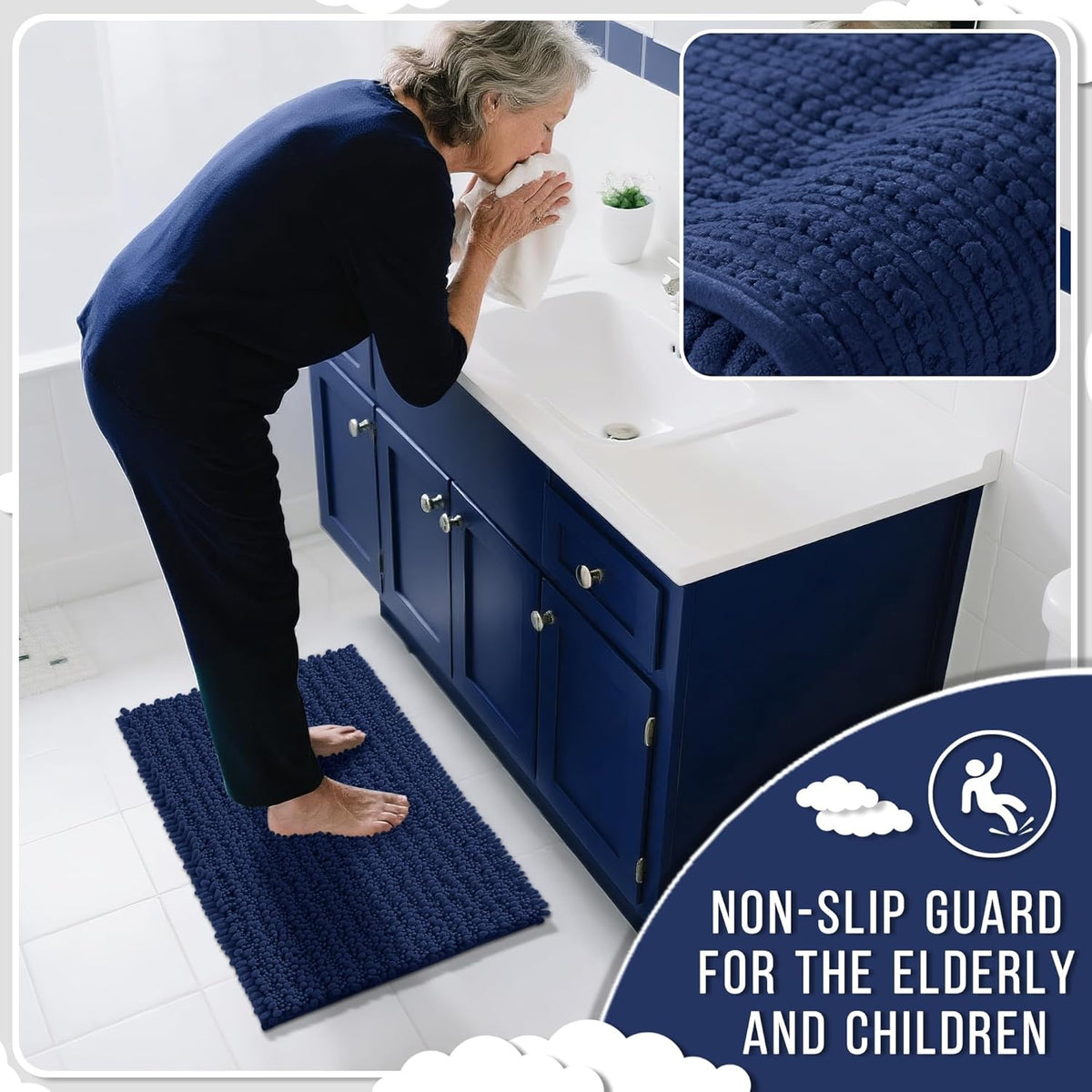 Yimobra Long Bathroom Rugs Non Slip Washable 44x24 Inch - Ultra Soft Absorbent Chenille Bath Mat, Quick Dry Shaggy Floor Carpet for Tub Shower, Navy Blue Home Decor Accessories