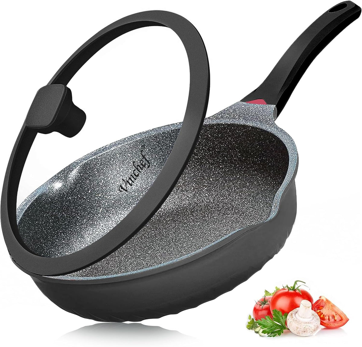 Vinchef Nonstick Skillet with Lid, 12.5In Aluminum Deep Frying/Saute Pan with Lid and Heat Indicator, Anti Scratch and Anti Stain, Induction Compatible