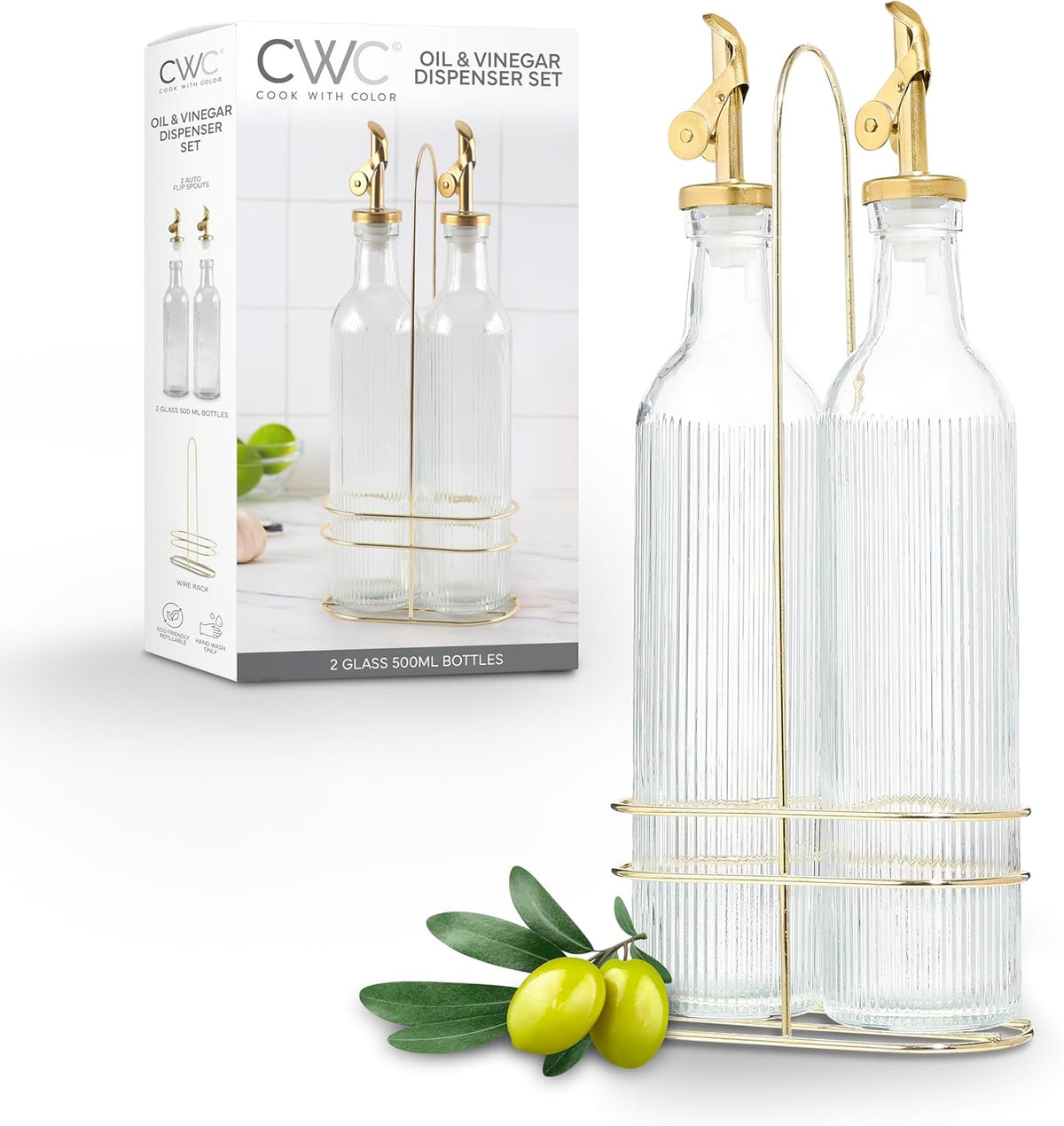 COOK WITH COLOR Glass Olive Oil Dispenser Bottle - 2 Pack, 17 oz Cruet - Elegant Carafe Decanter with Spout for Kitchen, Suitable for Vinegar, Coffee Syrups & Other Liquids
