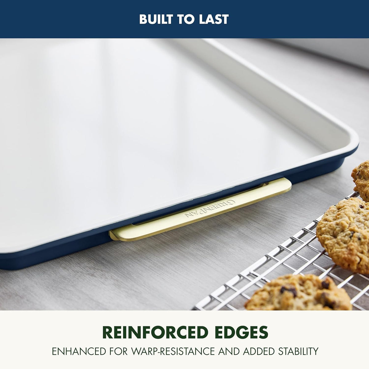 GreenPan Bakeware 13"x18" Half Baking Sheet Pan, Ceramic Nonstick Baking Pan, PFAS & BPA Free, Gold Handles, Durable Steel, Versatile & Space Saving Ovenware, Freezer to Oven Dish, Oxford Blue