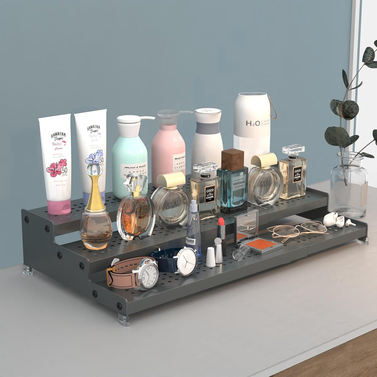 Expandable Spice Rack organizer with 3-Tier step shelf,Modern Design heavy duty,Non Skid and Visibility ,Great for Kitchen Cabinet,Bathroom,dressing table,Cupboard, Pantry and more(1PACK/GUN-GREY)