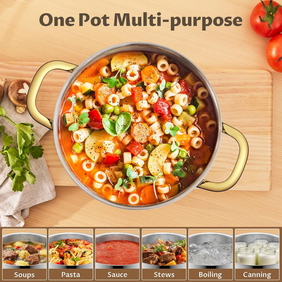 BEZIA 6 Quart Stainless Steel Stockpot with Lid, Induction Compatible Cooking Pots, Triple-Layer Bottom for Even Heat, Pasta & Soup Pot for Cooking, Boiling, Stewing, Dishwasher Safe
