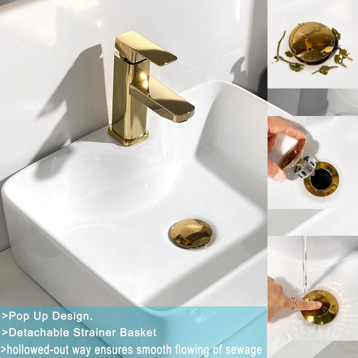 Bathroom Sink Drain, Gold Drain Stopper Bathroom Sink with Overflow,Pop Up Drain Assembly with Detachable Strainer Basket,Built-in Anti-Clogging Strainer,Stainless Steel Gold