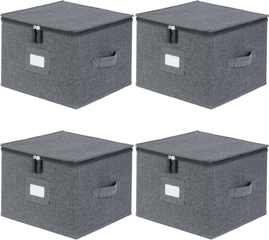 popoly China Storage Containers Inside 12" W x 8" H, Dinnerware Storage Box for Dishes Plate Storage with 24 Felt Dividers, Hold 24 Plates, Hard Shell and Stackable（4PACK