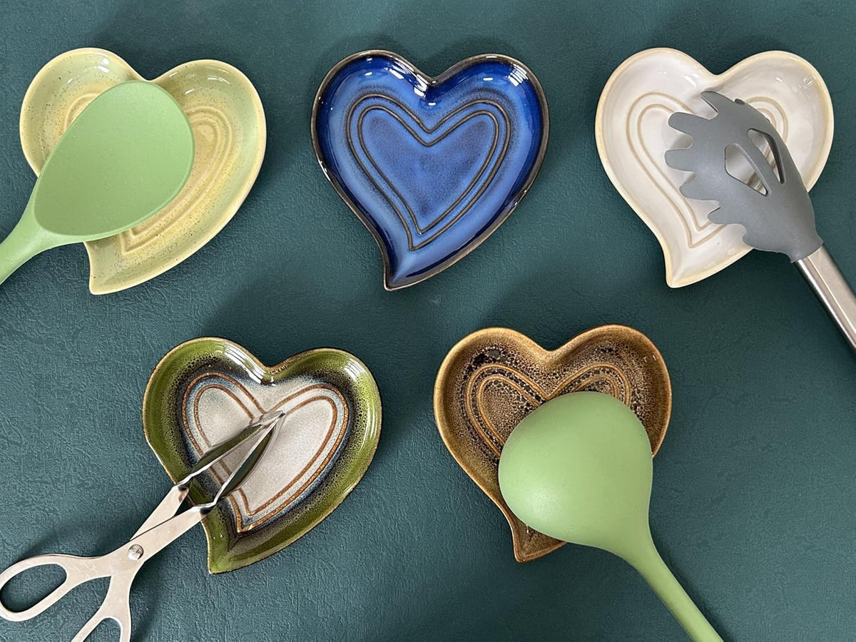 Ceramic Spoon Rest for Stove Top, Heart Cute Spoon Rest for Kitchen Counter, Cooking Spoon Holder for Kitchen Counter, Utensil Rest Spatula Rest Ladle Holder Tong Rest (Retro Sapphire)
