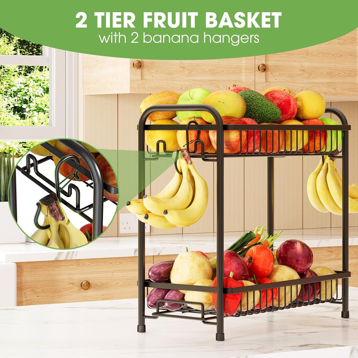 Fruit Basket for Kitchen Counter, 2 Tier Fruit Bowl with Banana Hangers, Large Fruit Holder Stand Countertop Organizer for Vegetable Onion Potato Bread Snack Produce Storage and Display, Black