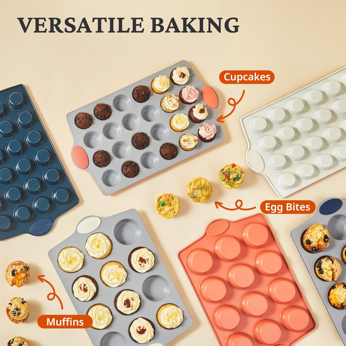 BRONYPRO Ceramic Muffin Pan, 12-Cup and 24-Cup Nonstick Aluminized Steel Mini Cupcake Pans, Healthy Non-Toxic Ceramic Coating Muffin Tin, 2 Pack Cup Cake Pans for Baking Cream
