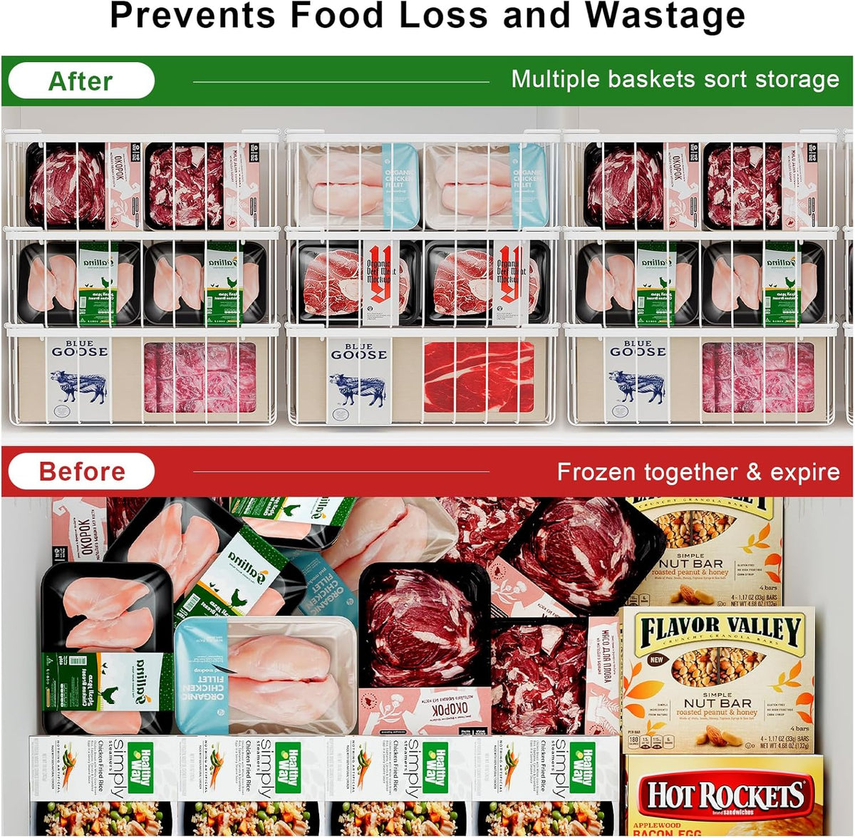 Freezer Storage Organize Baskets - 2 Pack Stackable Deep Freezer Organizer Bins for Most 7 Cu.FT Chest Freezer with Handles, Sturdy but Light, Metal Coated, Add Space, Easy to Reach