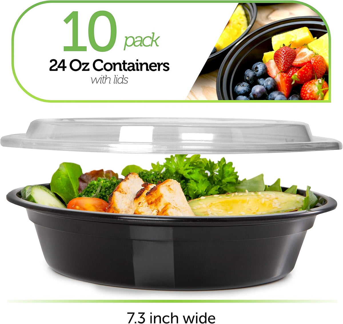 PrepNaturals Reusable Plastic Containers with Lids, 10 Pack, Black, Meal Prep Bowls, Lunch Containers, BPA, PVC and Phthalate Free, Microwave and Freezer Safe