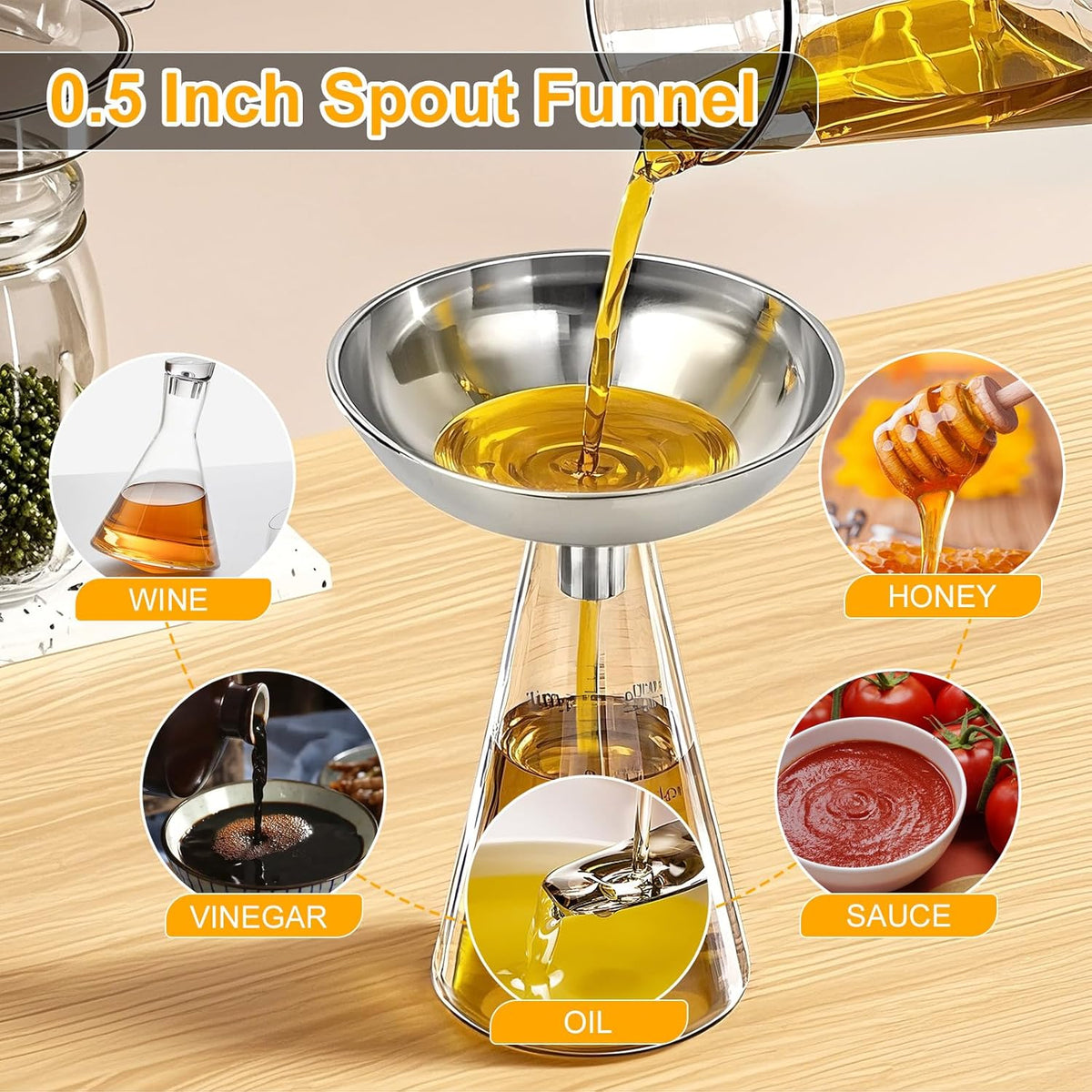 Kitchen Funnel, Stainless Steel funnels for Kitchen use Filling Bottles, one-Piece Funnel is Seamless and can be Used to Transfer Oils, Spices, and Powder mixes, and is Easy to Clean