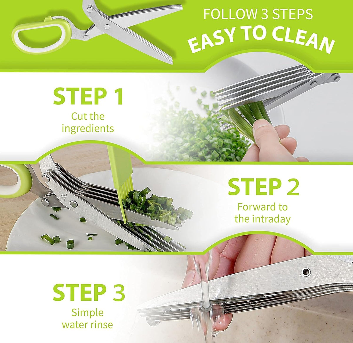 2-Pack Herb Scissors Set with 5 Blades & 3 Blades, Green Stainless Steel Kitchen Shears for Herbs, Veggies, Paper Shredding, with Cleaning Comb & Cover