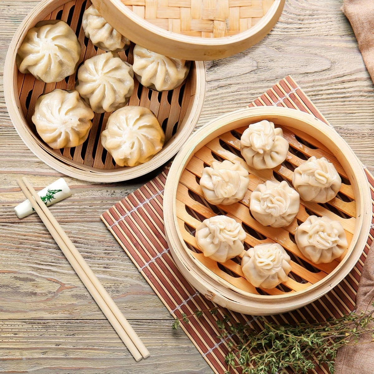 Flexzion Bamboo Steamer Basket Set (8 inch) with Stainless Steel Banding, 50 x Steamer Liners and 2 Pairs of Chopsticks, Steam Baskets for DimSum Dumplings, Rice, Vegetables, Fish and Meat