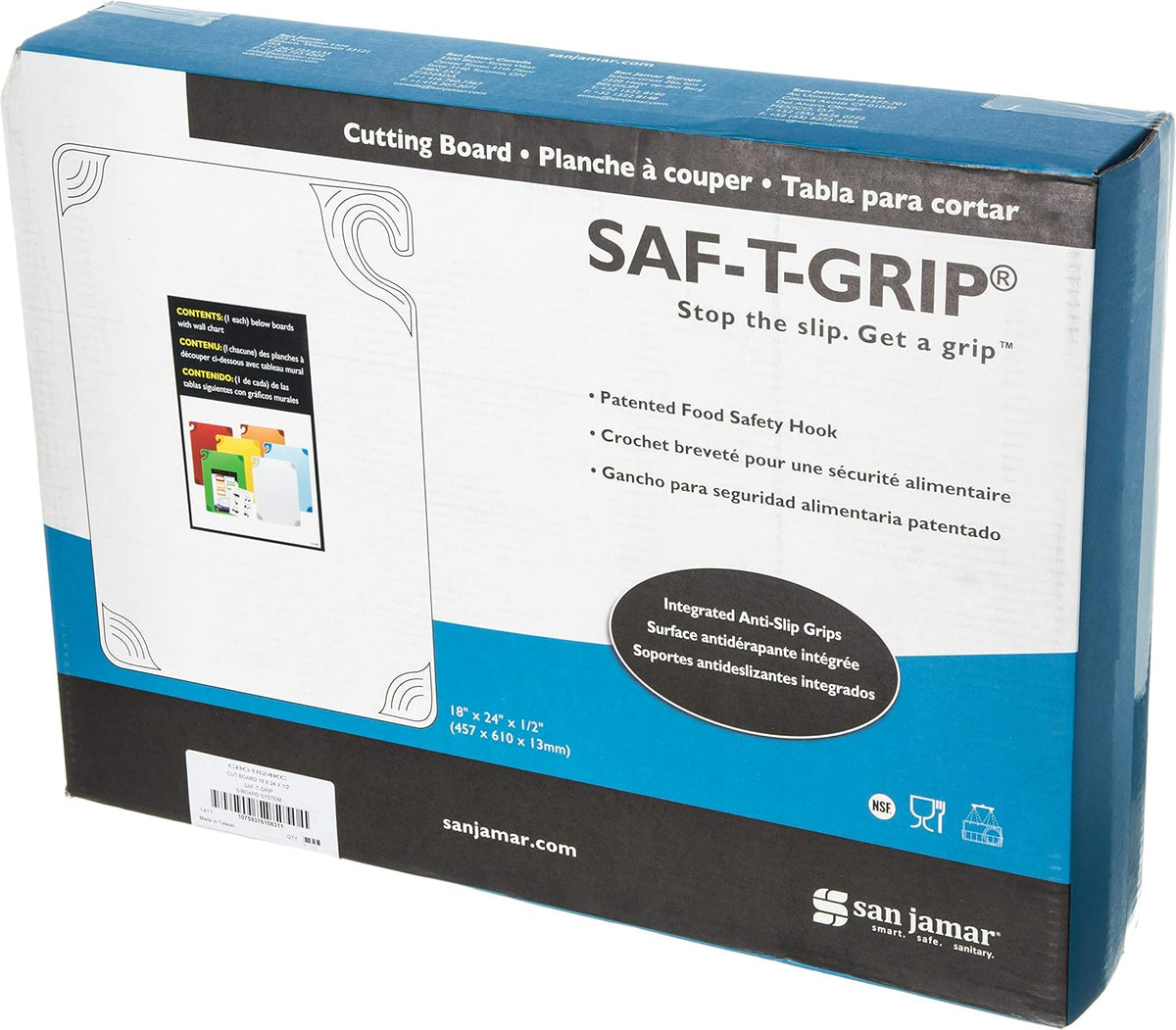 San Jamar Saf-T-Grip Plastic Cutting Board With Safety Hook, 18" x 24" x 0.5", Assorted Colors, (Set of 6)