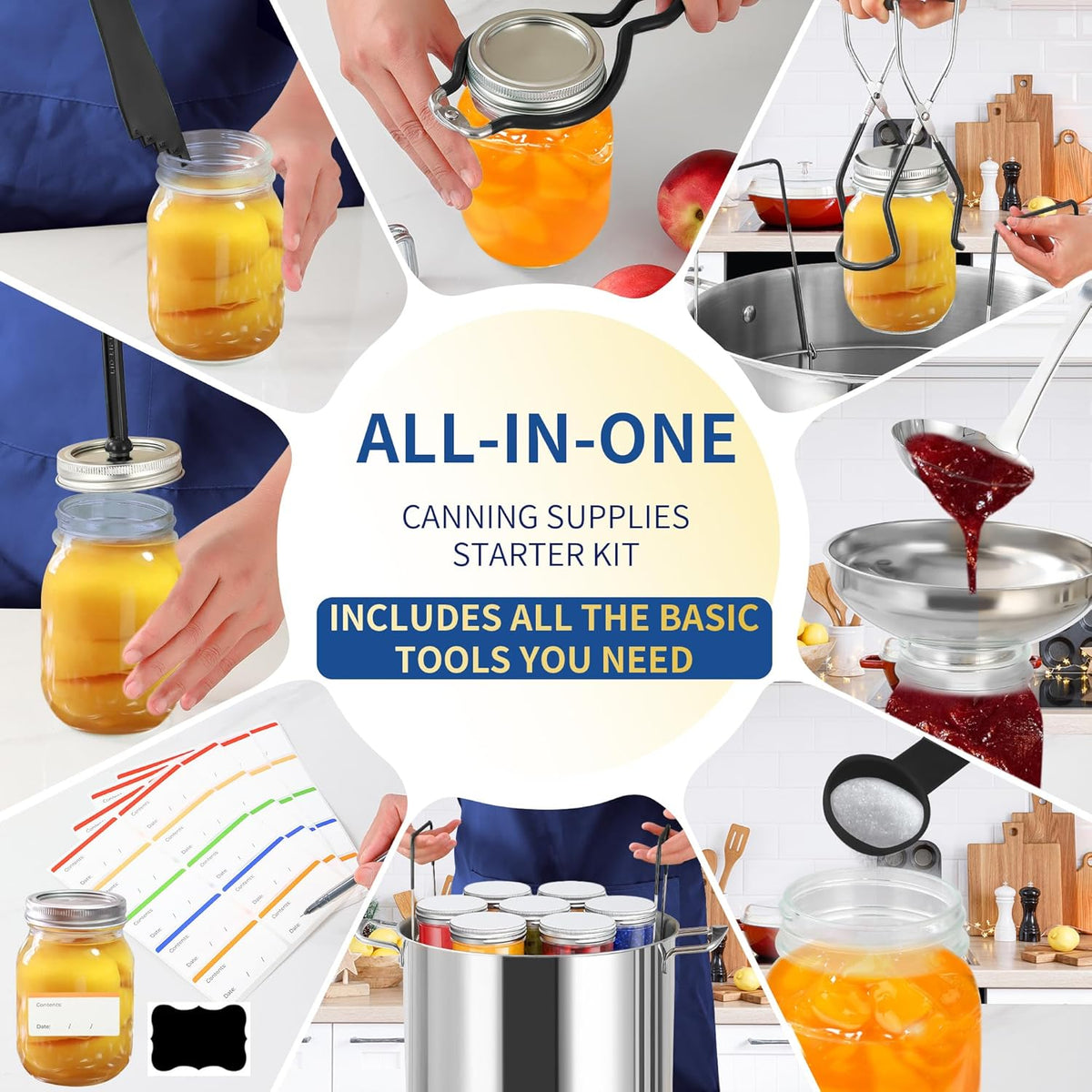Canning Supplies Starter Kit,Canning Kit for Beginners of 12 with Rack，Silicone Oven Gloves，Jar Lifter，Funnel,Wrench,Tongs,Lid Lifter,Bubble Popper,Labels,ladle,Measuring spoon-G12-Black