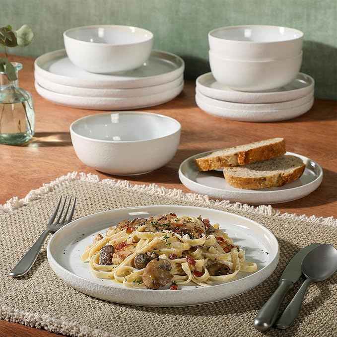 Gibson Elite Tahoe Sunset 12 Piece Stoneware Reactive Glaze (Service for 4) Ceramic Plates and Bowls Dinnerware Set - Cream White