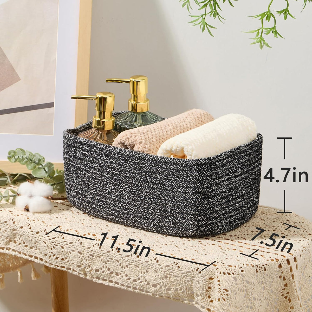 Small Storage Baskets for Organizing | Closet Organizer Bins | Shelf Toy Basket | Woven Rope Baskets | Cube Decorative Box | Shallow Basket | 11.5x7.5x4.7” | 4 Packs Dark Gray