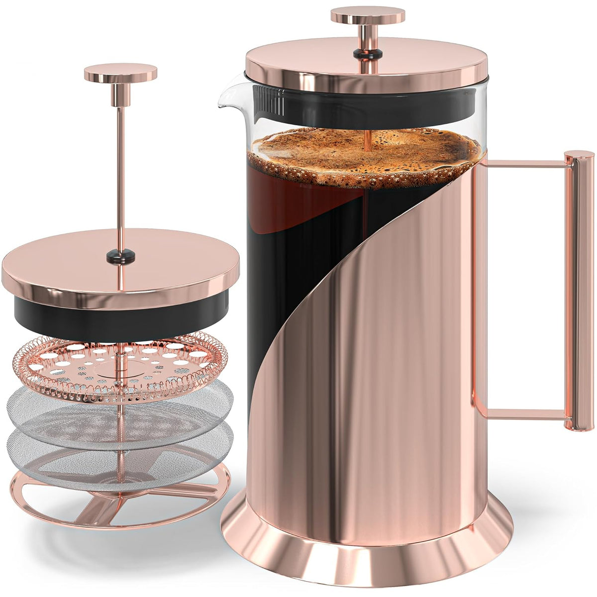 Cafe Du Chateau Stainless Steel French Press Coffee Maker - 34oz Insulated Coffee Press with 4-Level Filtration, BPA Free, Durable Glass, Great for Tea