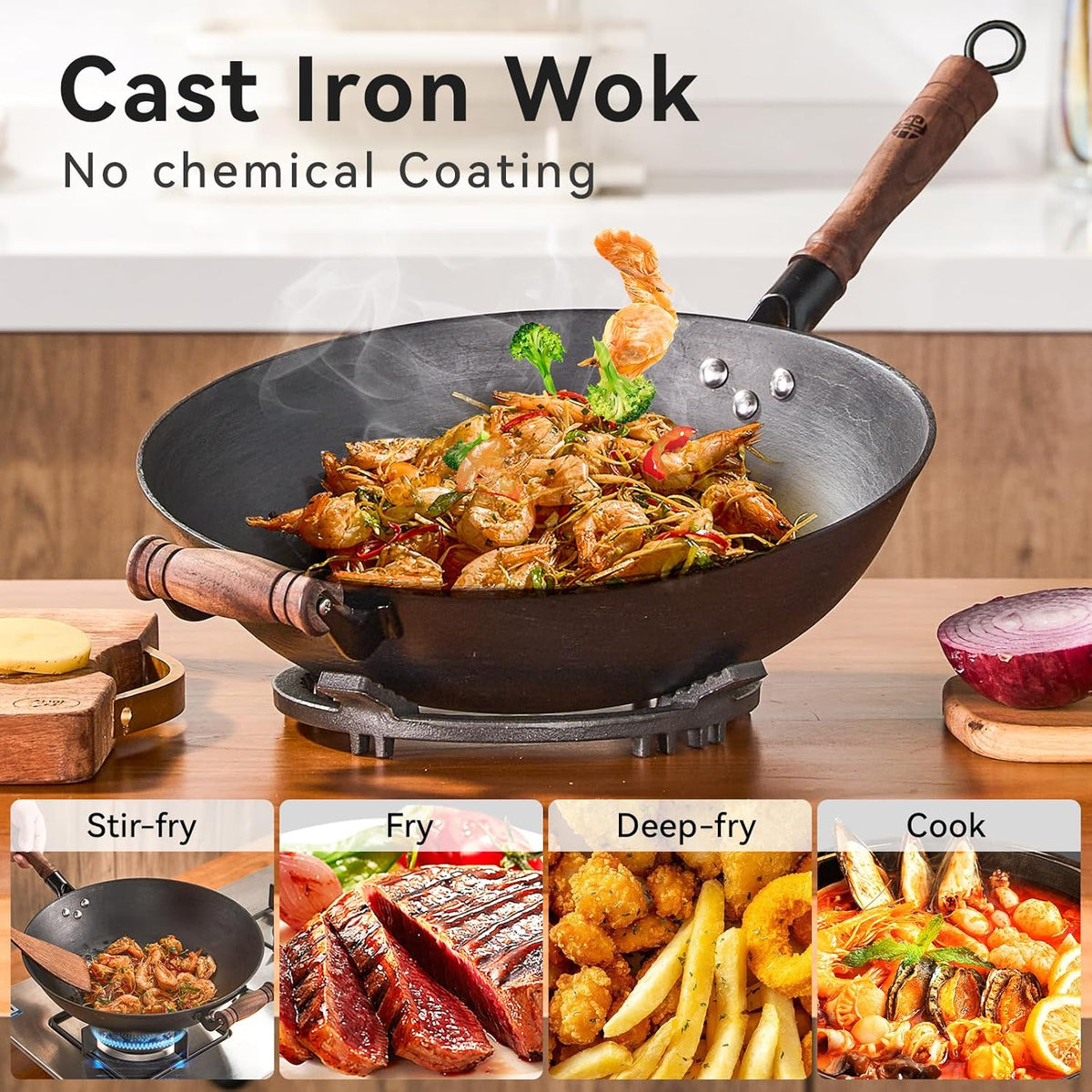 WANGYUANJI 12.6 Inch Cast Iron Wok with Glass Lid – Flat Bottom Stir Fry Pan,Handcrafted Iron Cookware for Induction, Gas & Electric Stoves, Black