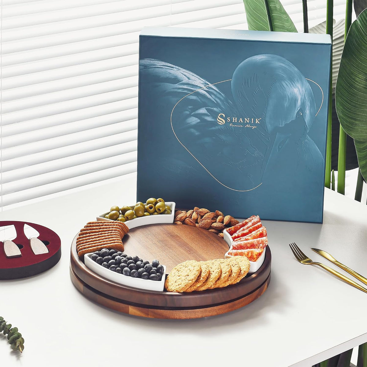 Shanik Lazy Susan Table Top Cheeseboard- Acacia Wood Rotating Serving Platter for Cheese, Charcuterie, and Appetizers, Elegant Serving Tray for Snacks, Entertaining, Parties and Family Gatherings