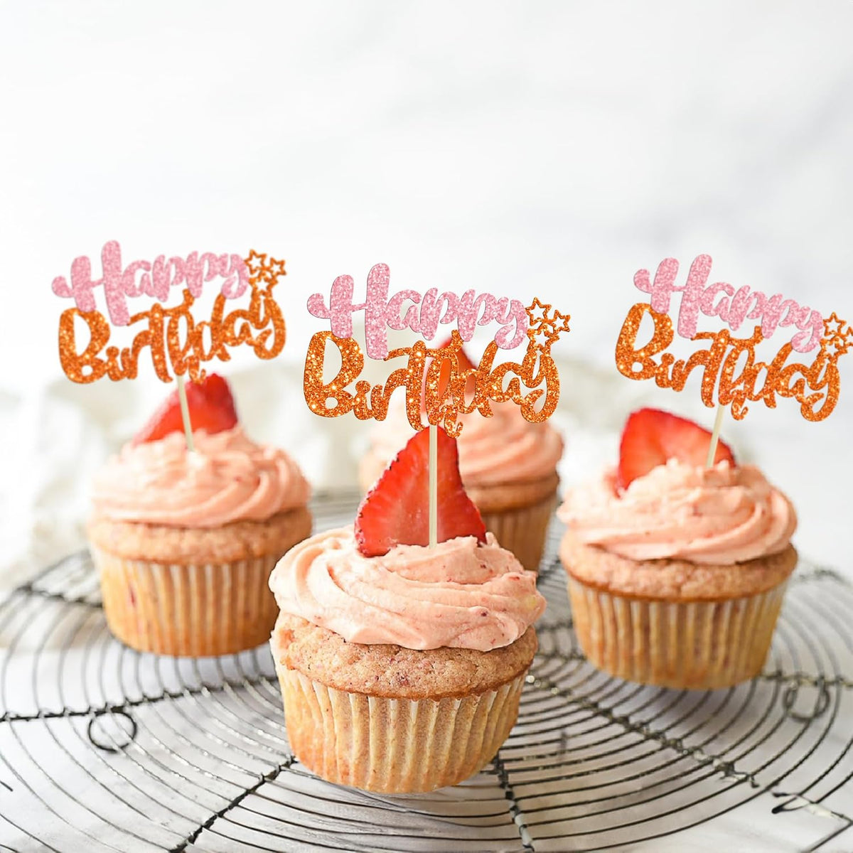 Ephlyn 24Pcs Happy Birthday Cupcake Toppers - Double Layer Glitter - Pastel Pink Orange - Perfect for Birthday, Baby Shower & Anniversary Parties