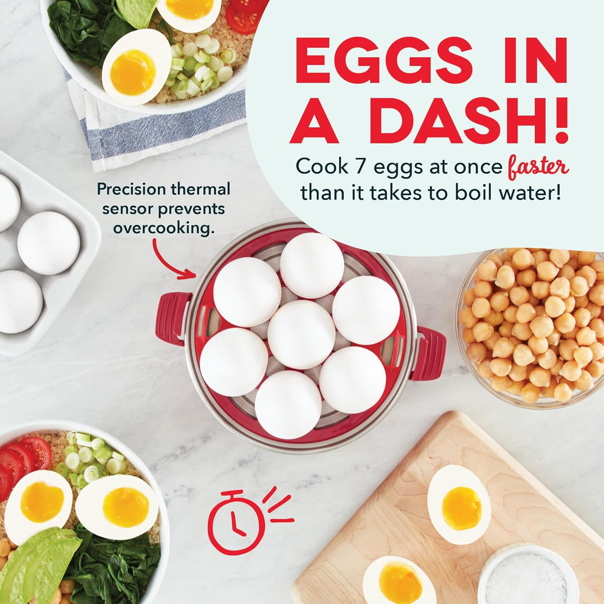 DASH Rapid Egg Cooker: 7 Egg Capacity Electric Egg Cooker for Hard Boiled Eggs, Poached Eggs, Scrambled Eggs, or Omelets with Auto Shut Off Feature - Red