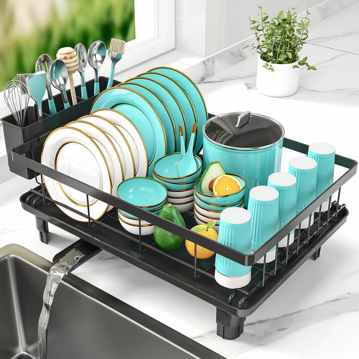 MERRYBOX Dish Racks for Kitchen Counter, 2025 Upgrade Large Sink Dish Drying Rack with 3-Compartment Utensil Holder 16.8" D x 13" W x 5.71" H