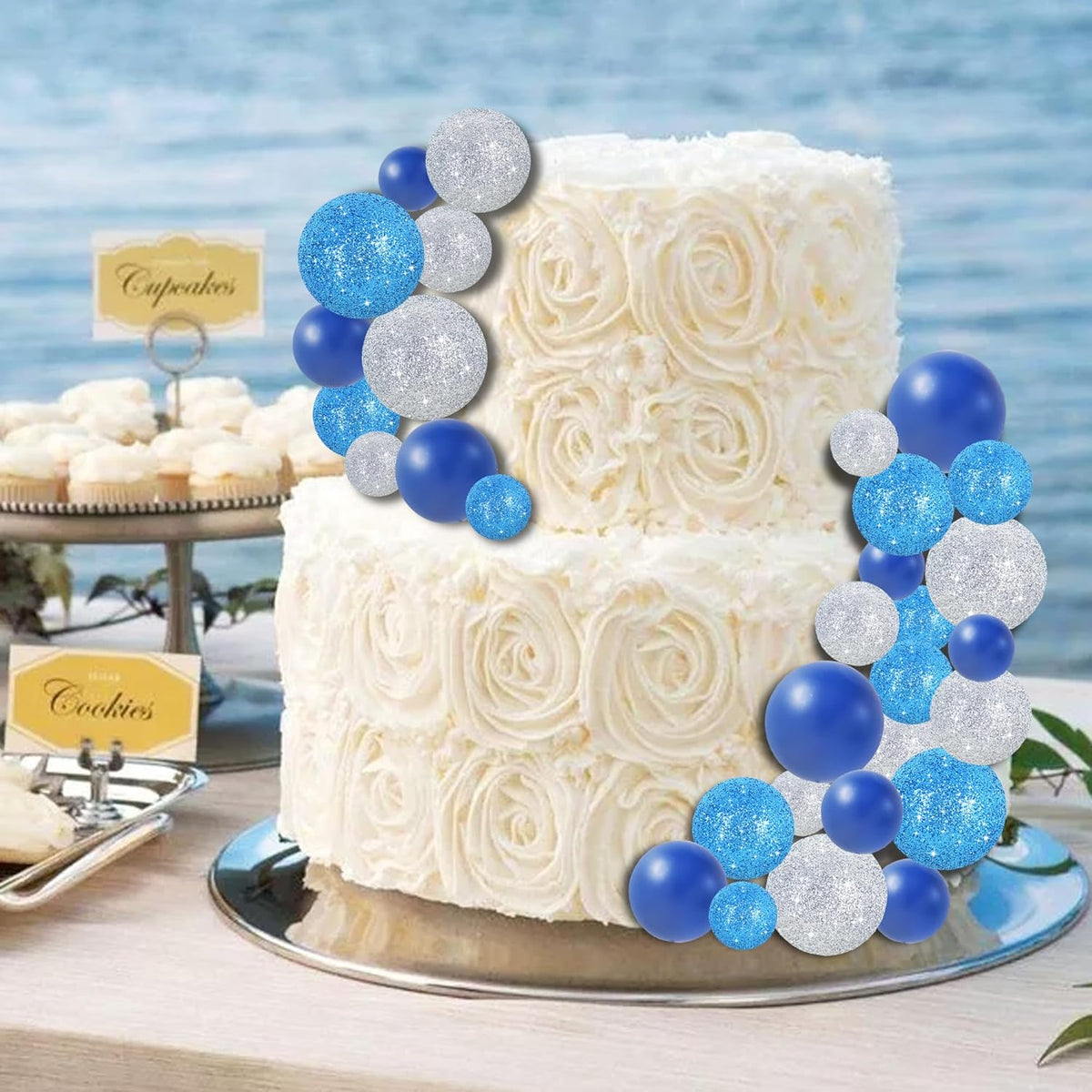 BEISHIDA 40 Pcs Ball Cake Toppers Mini Balls Cake Decorations Blue Silver Foam Balls Sticks DIY Cake Topper for Baking Congrats Grade 2025 Graduation Birthday Winter Party Decorations (Blue Silver)
