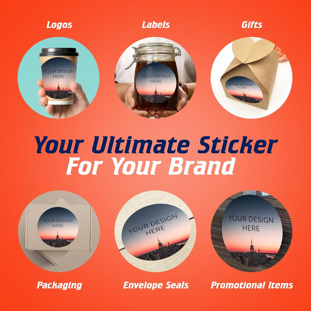 100 Custom Vinyl Stickers - Upload Your own Image, Text, Design, Logo - Personalized Logo Labels for Handmade, Packaging, Bottle, Jars, Candle, Brand Stickers (City, 6x6)
