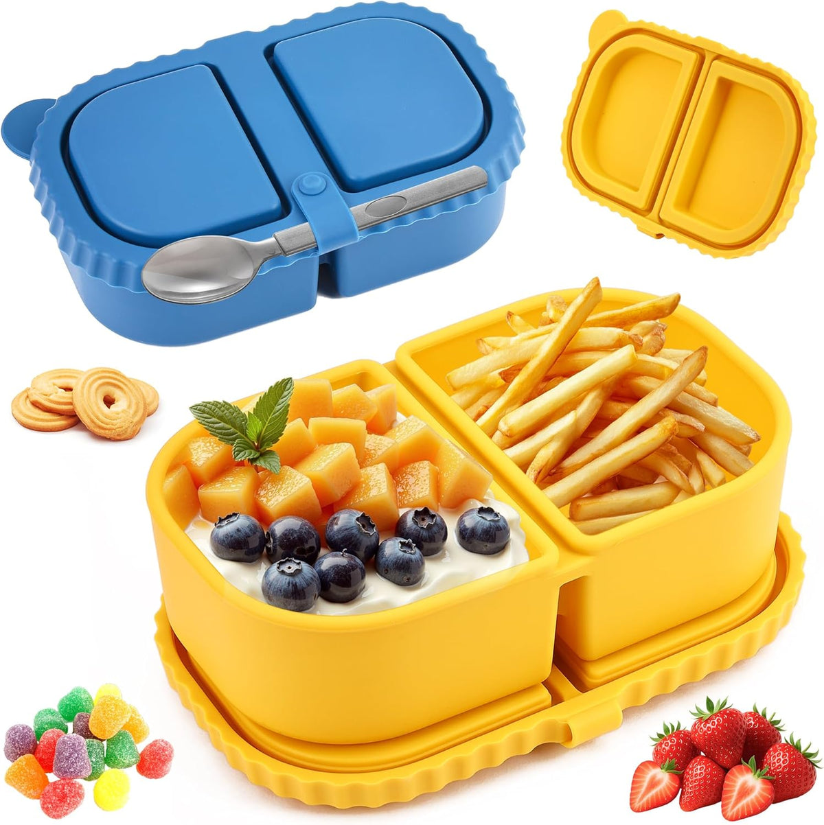 2/3/4Pack 8 oz Reusable Silicone Snack Containers with Lids, Mini Containers 2 Compartments Snackle Box for Kids & Adults, Portable Silicone Food Storage Box for Picnic, School, Office (8oz-2C-2Pcs)