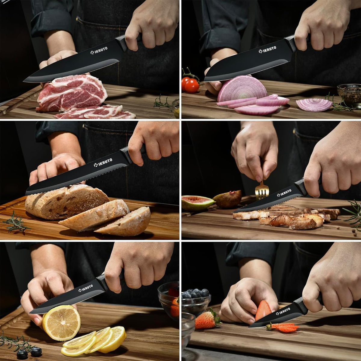 15-Piece Professional Kitchen Knife Set with Block – Built-in Sharpener, Anti-Slip Handles, Non-Slip Base – Effortless Cooking Tools for Chefs & Home Cooks (Black Red)