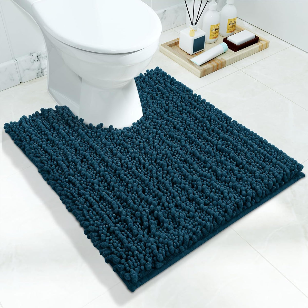 Yimobra Toilet Rug U Shaped Washable 24x20 Inch - Ultra Soft Absorbent Chenille Bath Rugs for Toilet, Quick Dry & Machine Washable, Non Slip Contour Bathroom Mat, Peacock Blue