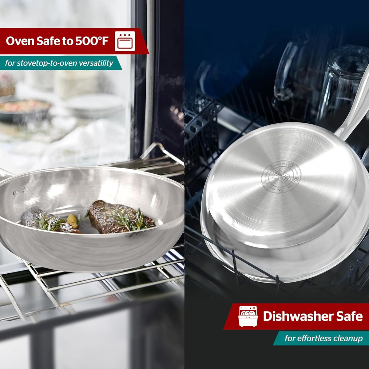 Sunhouse 8 Inch 18/10 Chef Series Stainless Steel Frying Pan, Tri-Ply Stainless Steel Construction, PFOA-FREE, Stay-Cool Handle, Induction Compatible