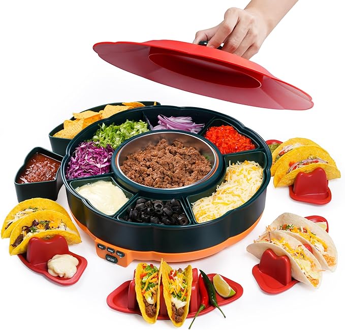 Taco Tuesday Kit - Taco Bar Serving Set for a Party with 33oz Heated Pot, 4 Taco Holders, Detachable Lazy Susan Tray, Perfect for Parties, Nachos Taco Night Fiesta Unique Couple & Housewarming Gift