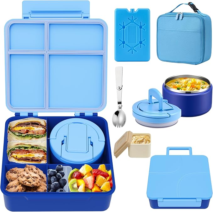 MAXSO Bento Lunch Box Set with 8 oz Soup Thermo, Kids Leakproof 4 Compartments Hot Food Container with Sauce Cup, Ice Pack and Lunch Bag, Child Insulated Food Jar for School - Blue