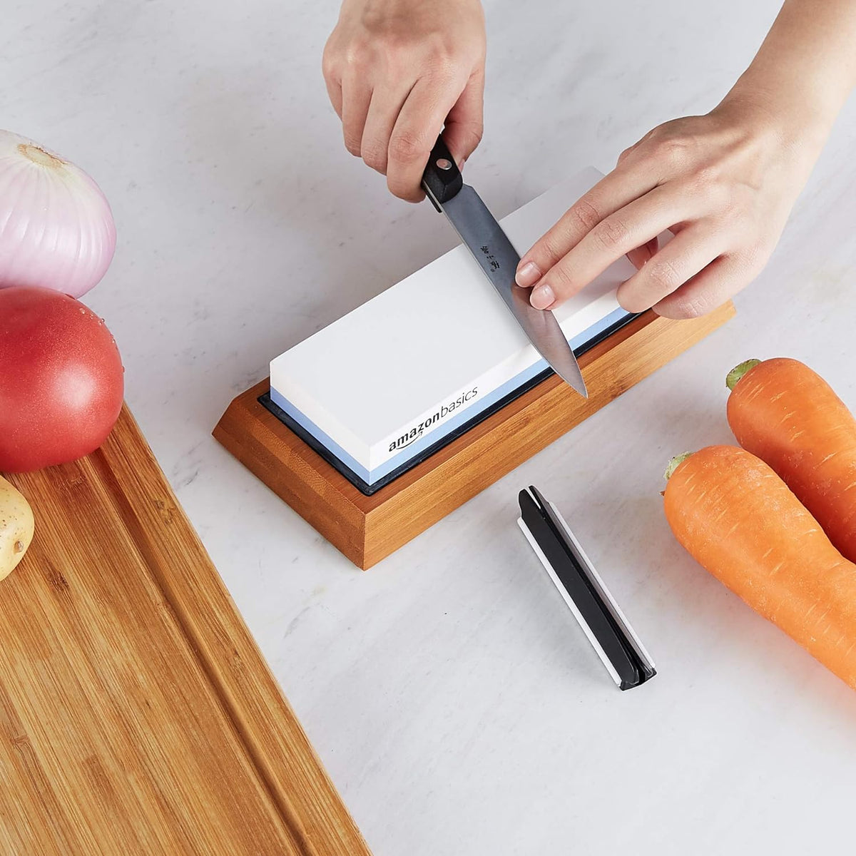 Amazon Basics Whetstone Knife Sharpening Wet Stone Dual Sided 1000/6000 Grit with Non-Slip 1 Pc, Bamboo Base, Black & Grey
